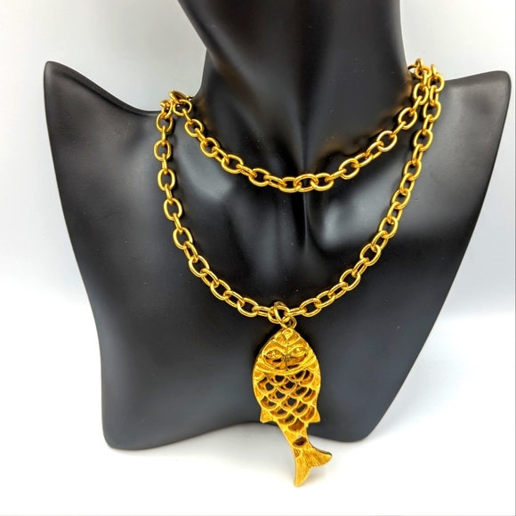 Statement Gold Tone Mid-Century Modern Fish Pendant 2.5" on a Long Chain 32'
